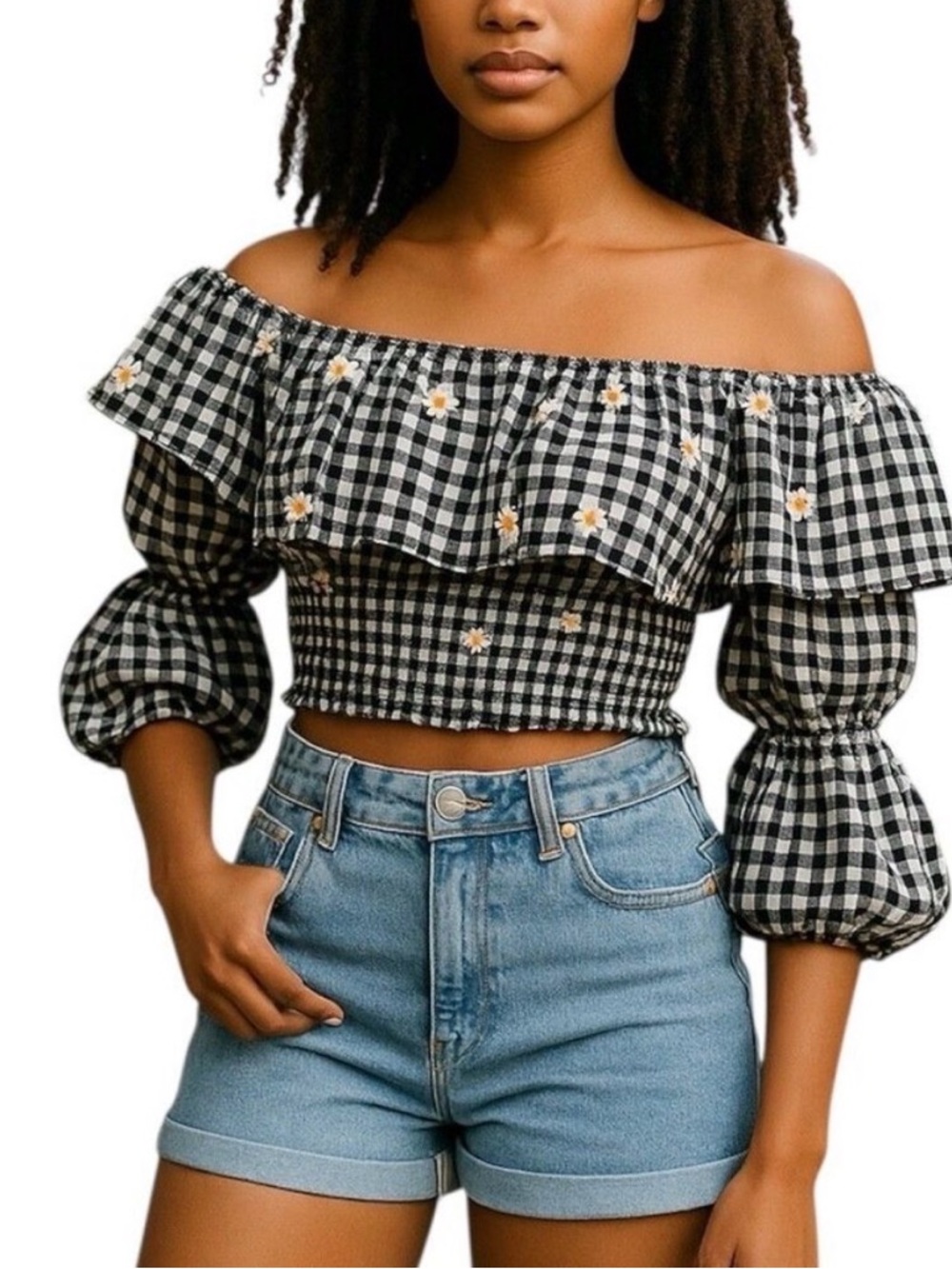 Zara Gingham Off-Shoulder Smocked Crop Top with Daisy Embroidery Size L
